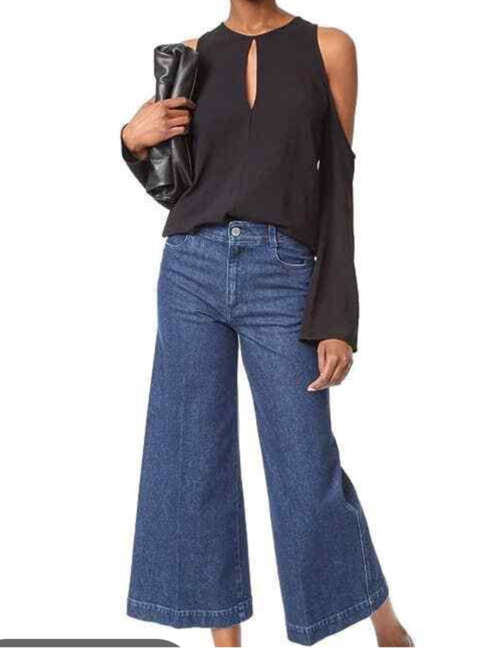 Theory black crepe cold shoulder blouse